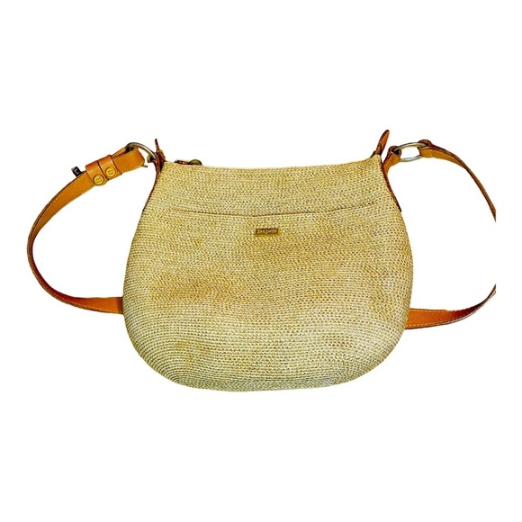 ERIC JAVITS WOVEN SQUISHEE CROSSBODY BAG TAN BROWN GOLD STRAW LEATHER - Picture 12 of 12